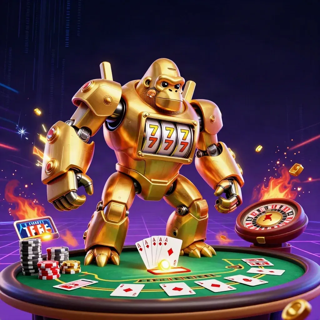 Monyet mecha gorila emas bertema kasino, dikelilingi meja kartu, chip, dan efek neon.