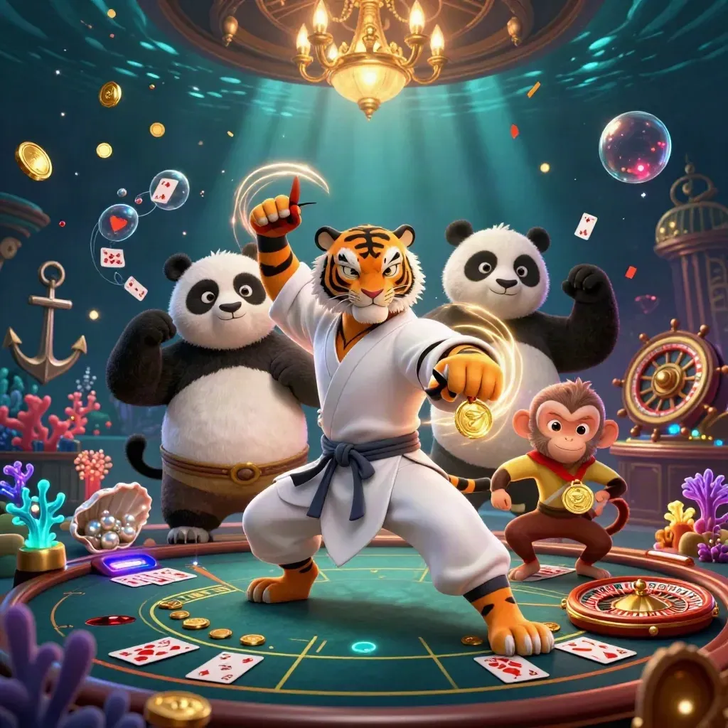 Harimau kung-fu, panda, dan monyet di cove bawah laut kasino emas mewah.