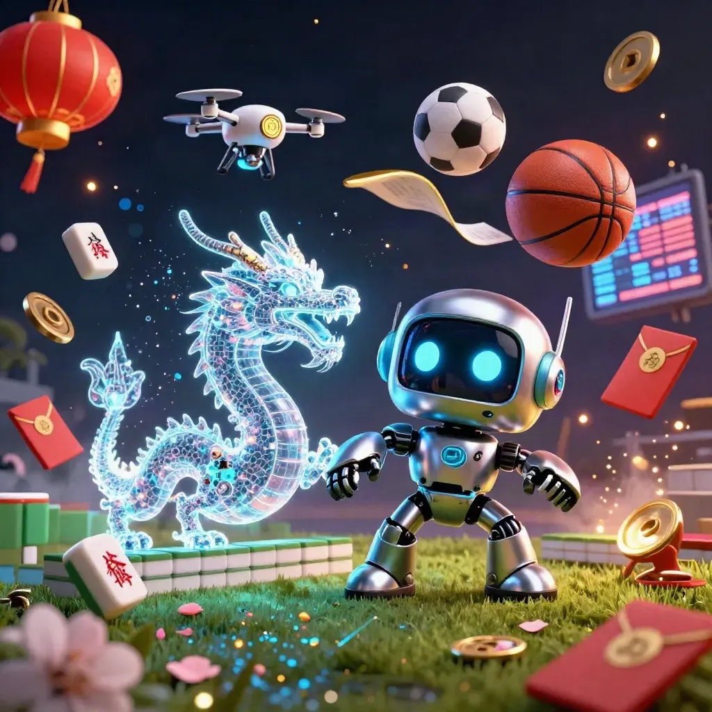 Robot cyberpunk, naga holografik, dan drone koin di ledakan bola olahraga neon.
