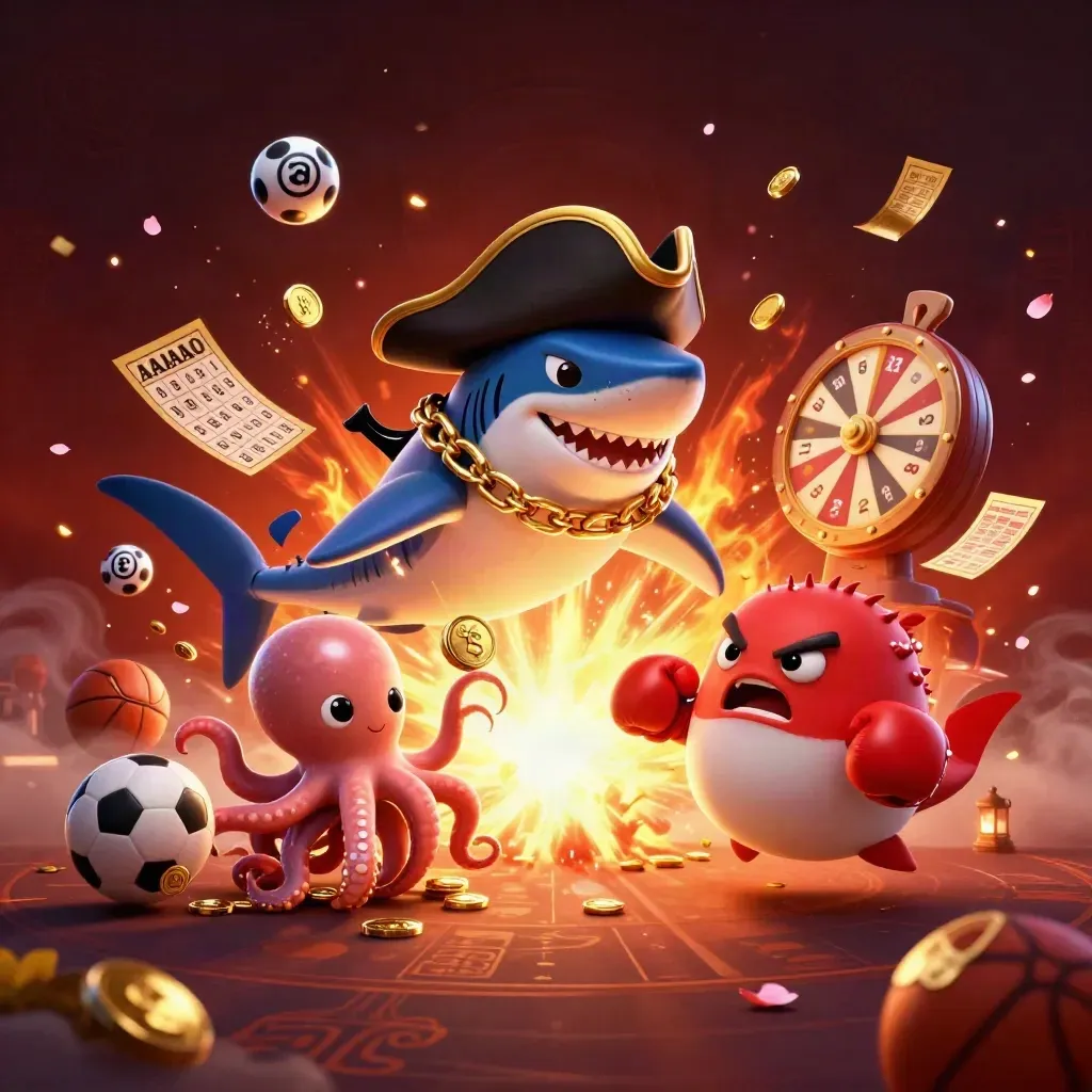 Hiu bajak laut, ikan buntal, dan gurita bayi bersama bola dan koin emas.