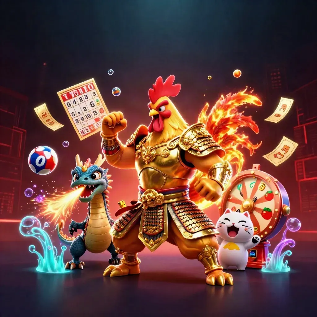 Ayam samurai, naga kecil, dan kucing keberuntungan melompat di ledakan emas neon.