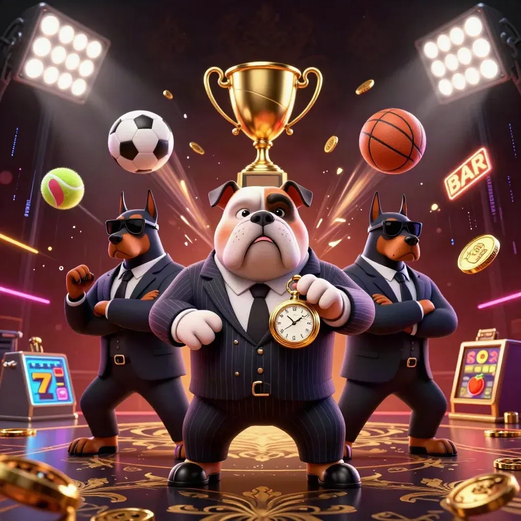 Bulldog bos mafia dan dua doberman dikelilingi bola, trofi, koin, dan kilatan neon emas.
