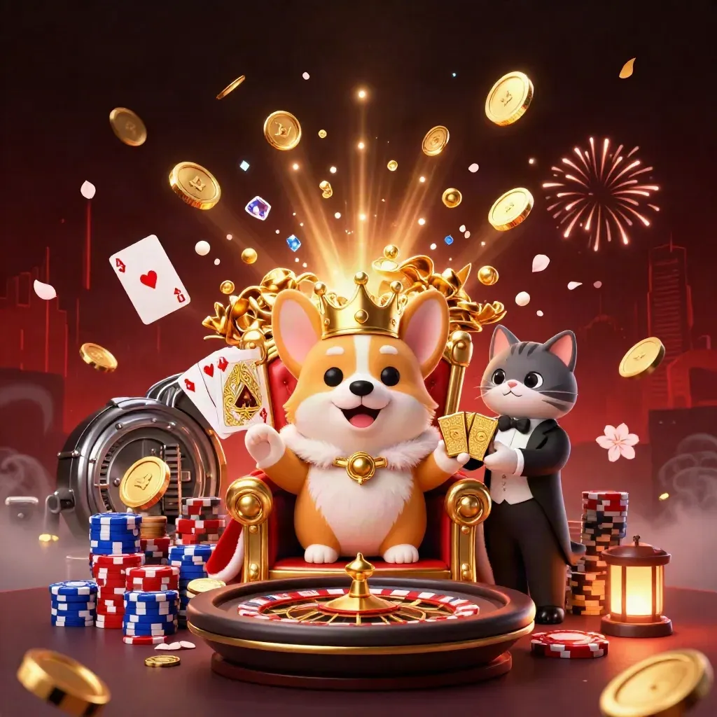 Kucing bangsawan dan corgi di meja chip, koin emas, roda roulette, ledakan api, nuansa kasino neon.